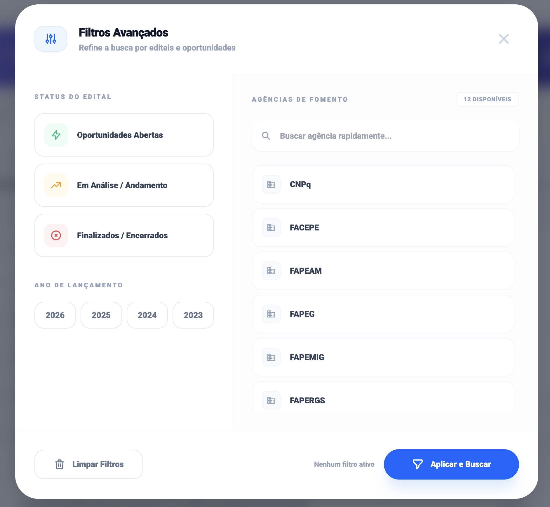 Filtros do Radar de Editais